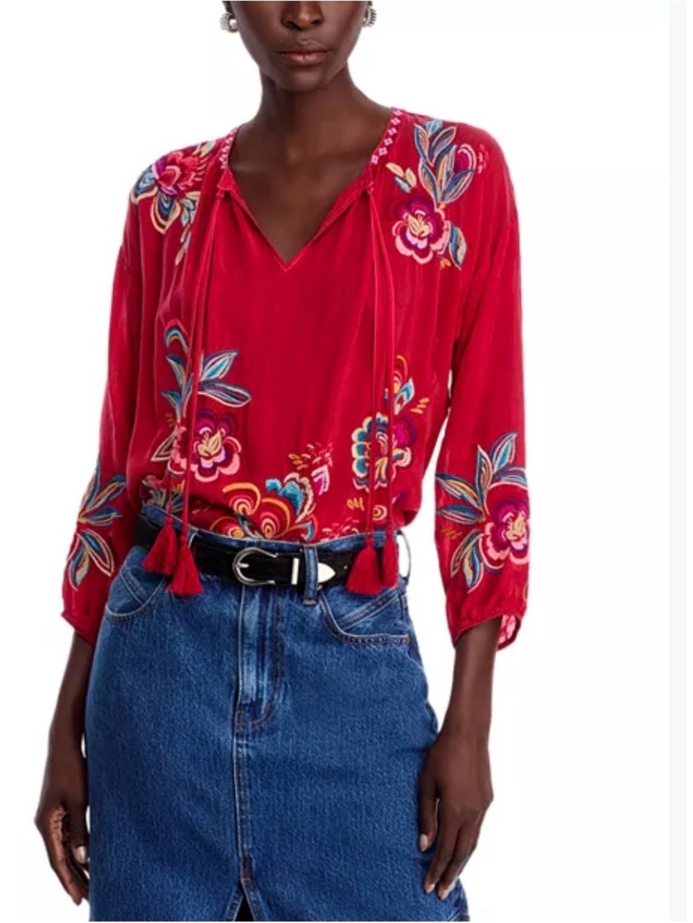Johnny Was Zadonia Floral Embroidered Tassel Tie-Neck Blouse